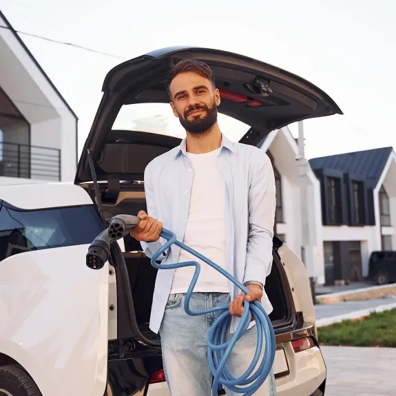 Muž drží nabíječku na elektromobil